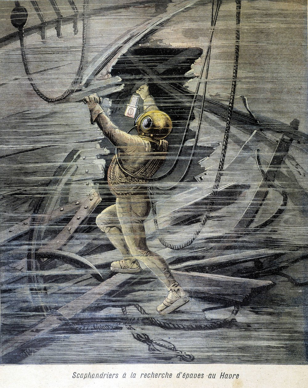 Scaphandrier leter etter vrak i Le Havre. illustrasjon av "Petity Journal"" fra 1892. av Unknown artist
