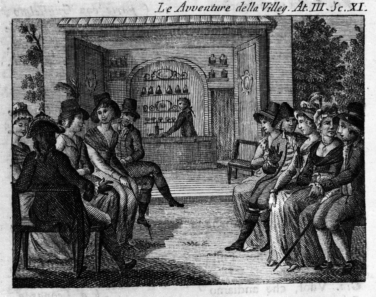 Scene 11 i akt III av tegneserien "" The avventure della villeggiatura"" (The Adventures of the City) (1756) av Carlo Goldoni (1707-1793). Gravering fra 1700-tallet av Unknown artist