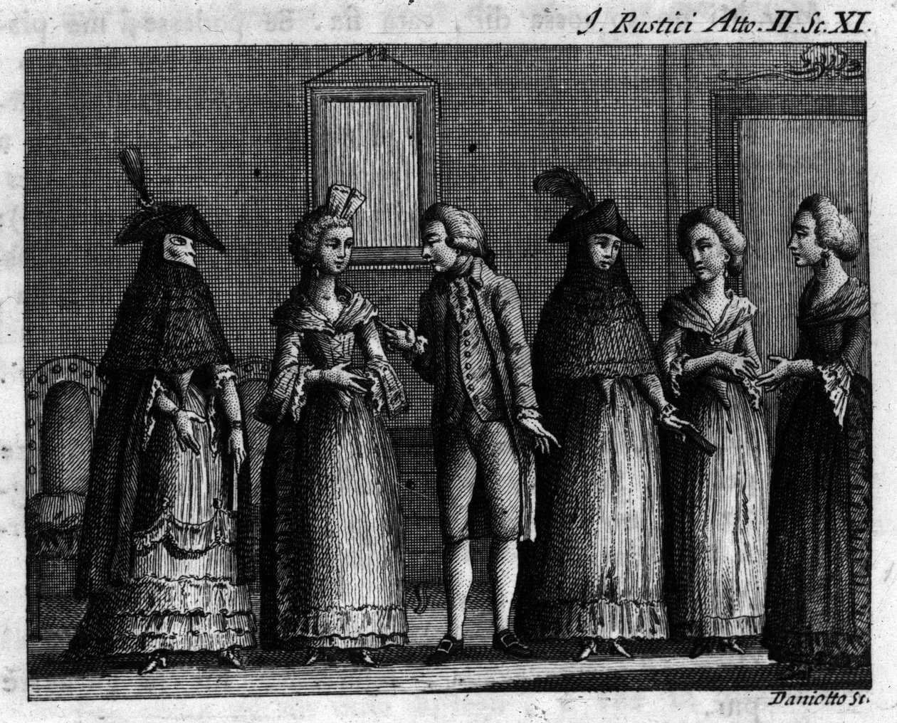 Scene 11 i akt II av tegneserien "" I rustici"" (Les rustres) (1760) av Carlo Goldoni (1707-1793). Gravering fra 1700-tallet av Unknown artist