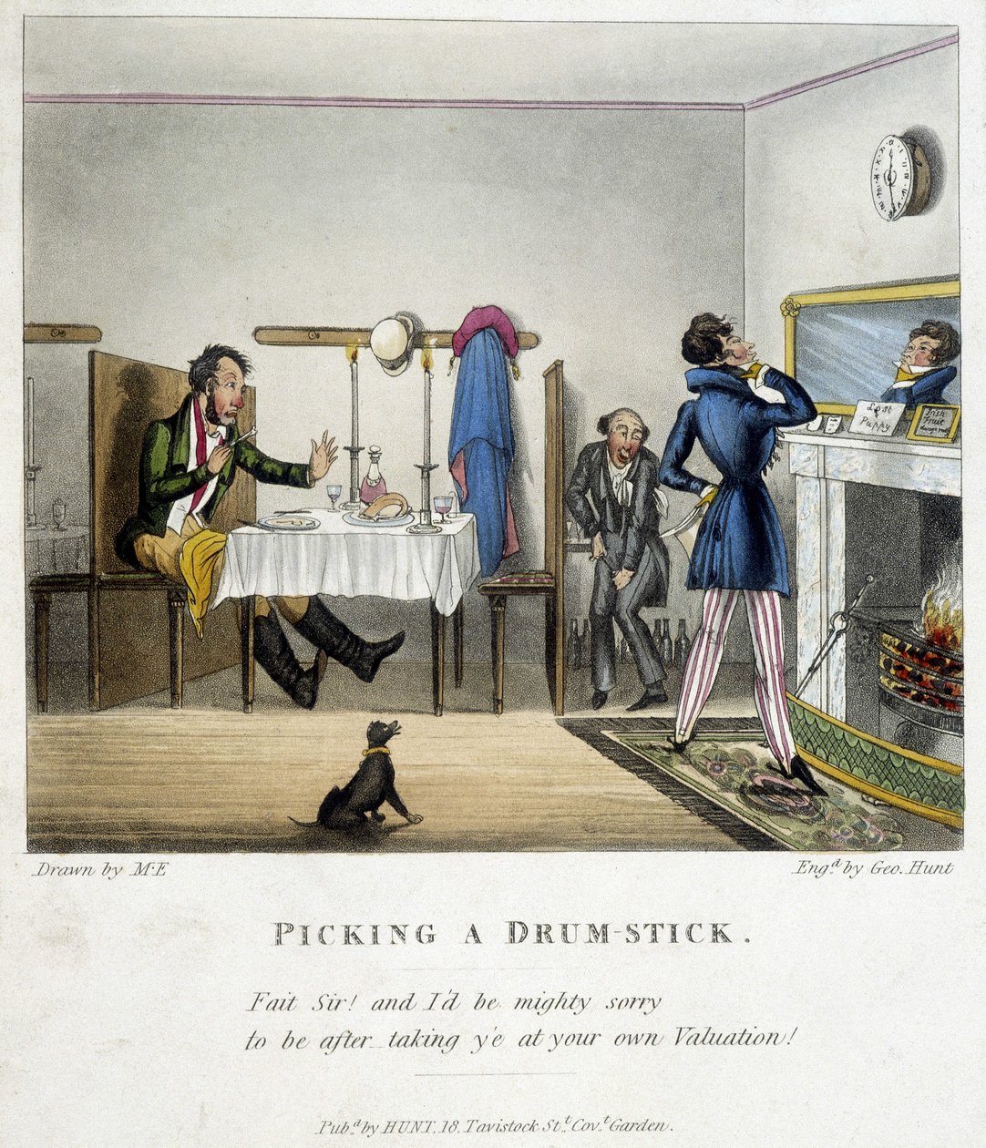 Scene som viser tre menn i en engelsk restaurant. En av dem (den sittende mannen), full, beklager ironisk til mannen som ser seg selv i speilet for å ha stjålet hans andel av kyllingen. Illustrasjon av M. E. fra slutten av 1800-tallet. av Unknown artist