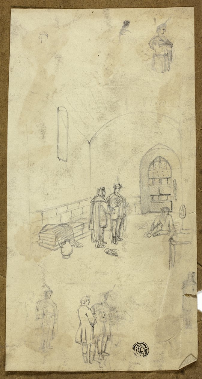 Scene i fengselscelle med skisser av andre figurer av Unknown artist