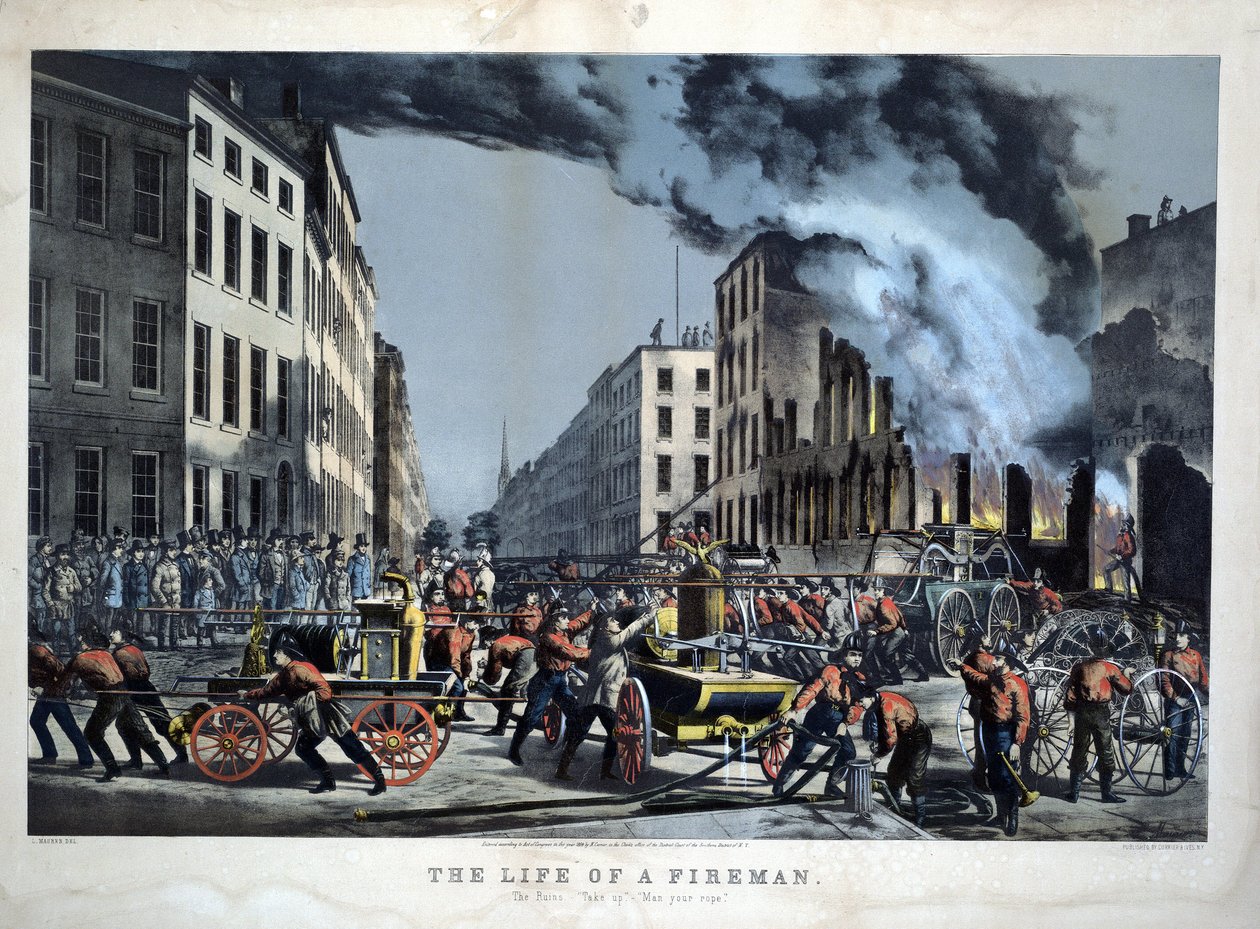 Scene av dagliglivet til amerikanske brannmenn av Unknown artist