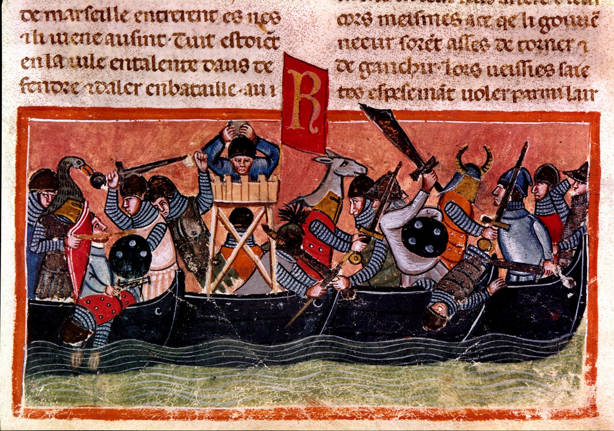 Scene av sjøslag Miniatyr fra en fransk kodeks på pergament "Fakta om romerne"" som forteller den eldgamle historien frem til Jules Cesar (101 f.Kr.-44 f.Kr.). Venezia fra 1200-tallet, biblioteca Marciana av Unknown artist