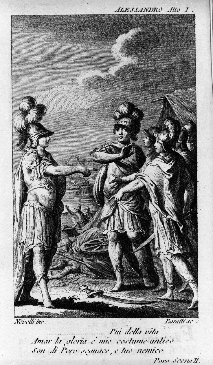 Scene av første akt av "" Alexandre aux Indies" (Alessandro nelle Indie), opera av komponisten Niccolo Vito Piccinni (eller Piccini) (1728-1800) (1758) etter en libretto av Pietro Metastasio (Metastase). Gravering fra slutten av 1700-tallet av Unknown artist