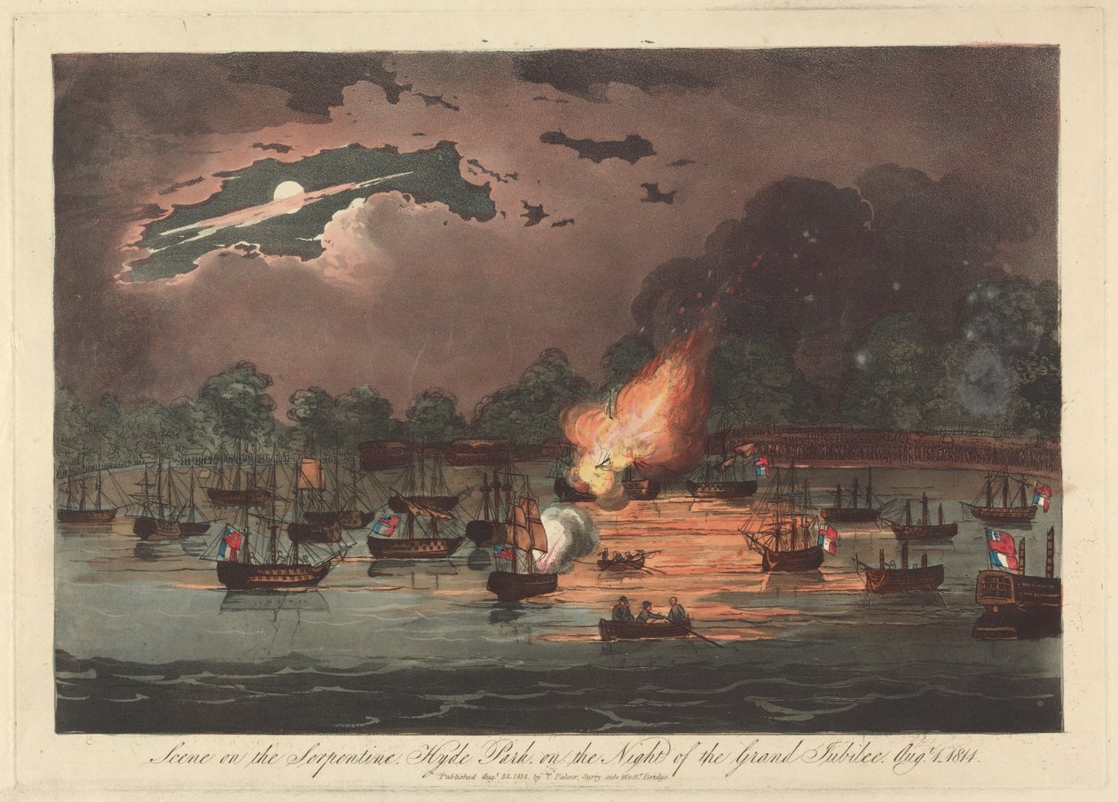 Scene på Serpentine, Hyde Park på The Night of the Grand Jubilee, 1. august 1814 av Unknown artist