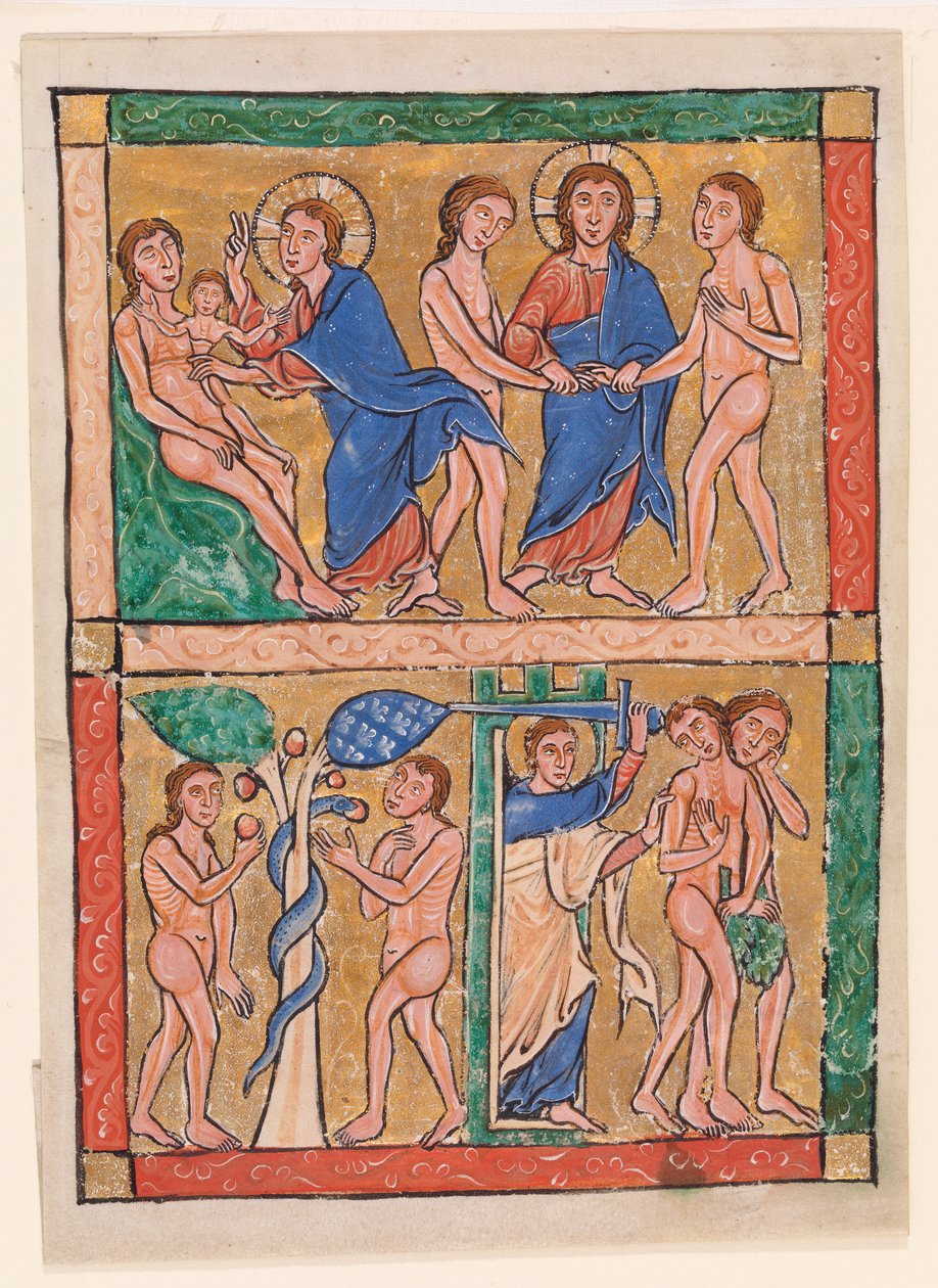 Scener fra 1. Mosebok: skapelsen av Eva, ekteskapet mellom Adam og Eva, fristelsen og utvisningen av Unknown artist