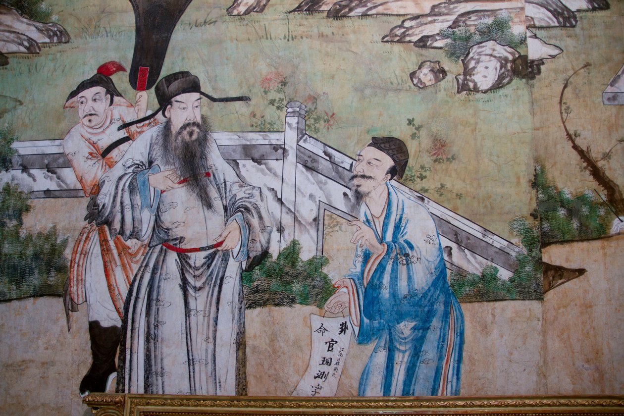 Scener av hverdagslivet i Kina, detalj av det kinesiske tapetet, kinesisk skap, jaktresidens, av Filippo Juvarra (1678-1736), Stupinigi, Piemonte, Italia av Unknown artist