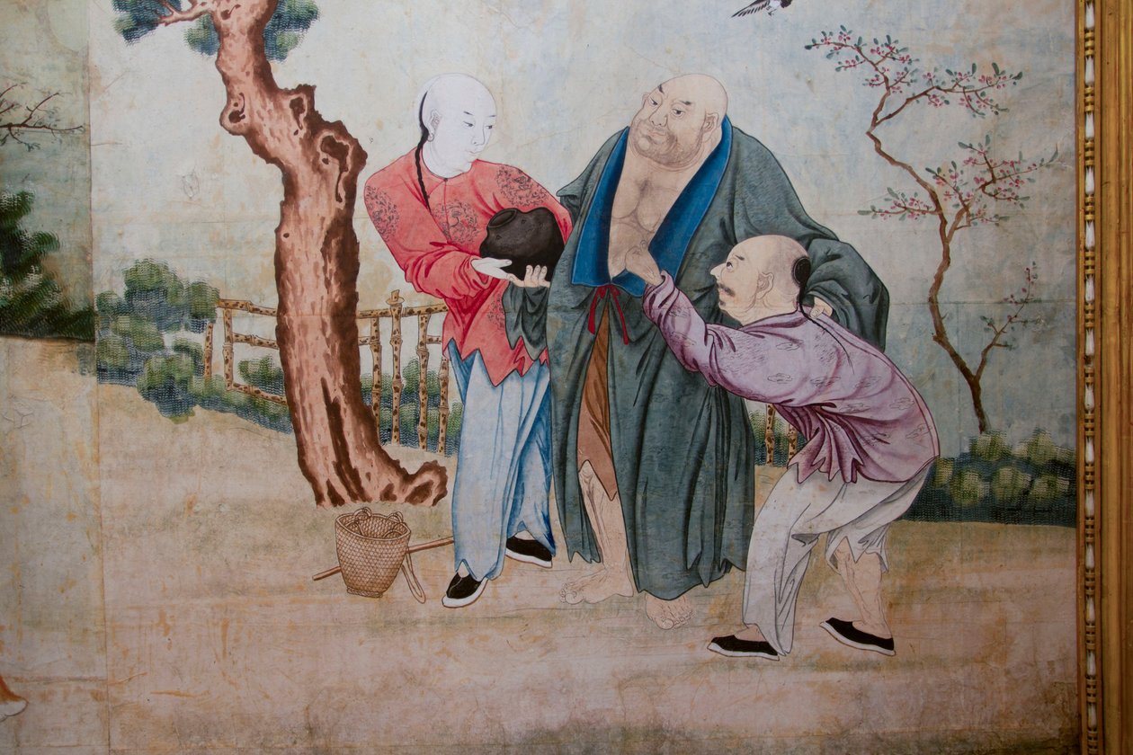 Scener av hverdagslivet i Kina, detalj av det kinesiske tapetet, kinesisk skap, jaktresidens, av Filippo Juvarra (1678-1736), Stupinigi, Piemonte, Italia av Unknown artist