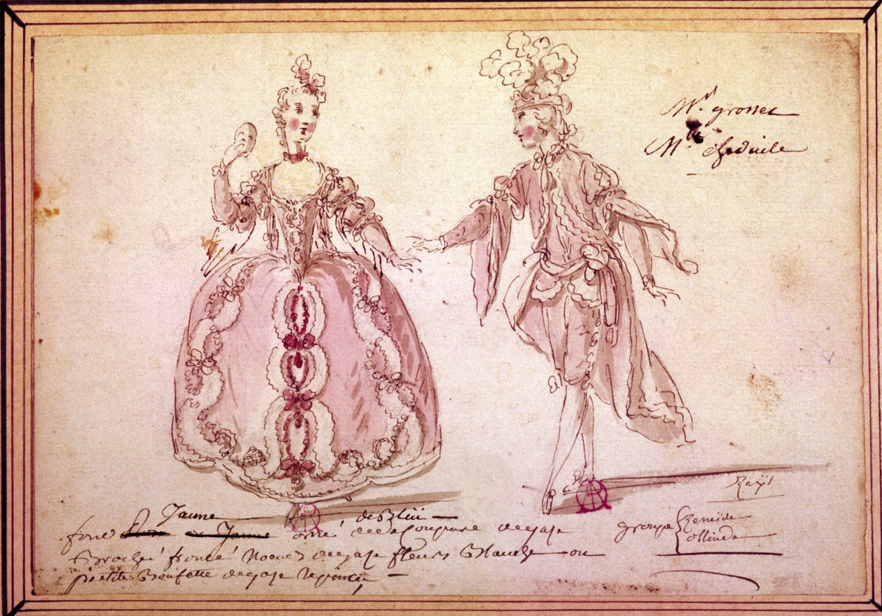 Scenografi: tegning av kostymer for den pastorale "" Nais" av Jean Philippe (Jean-Philippe) Rameau (1683-1764) 1764. Akvarell. av Unknown artist