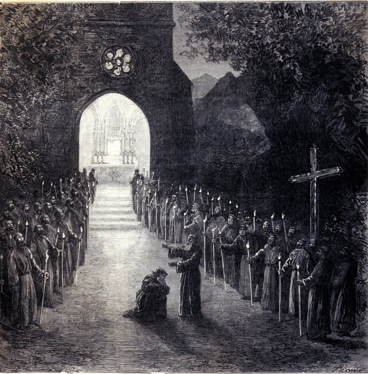 Scenografi for siste scene i 2. akt for operaen "La forza del destino" (skjebnekraften) av den italienske komponisten Giuseppe Verdi (1813-1901) for forestillingen på Parisoperaen av Unknown artist