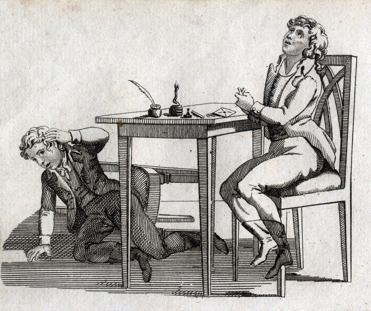Schoolers have a table with inkcrib. Engraving late 18th century. Private collection. av Unknown artist