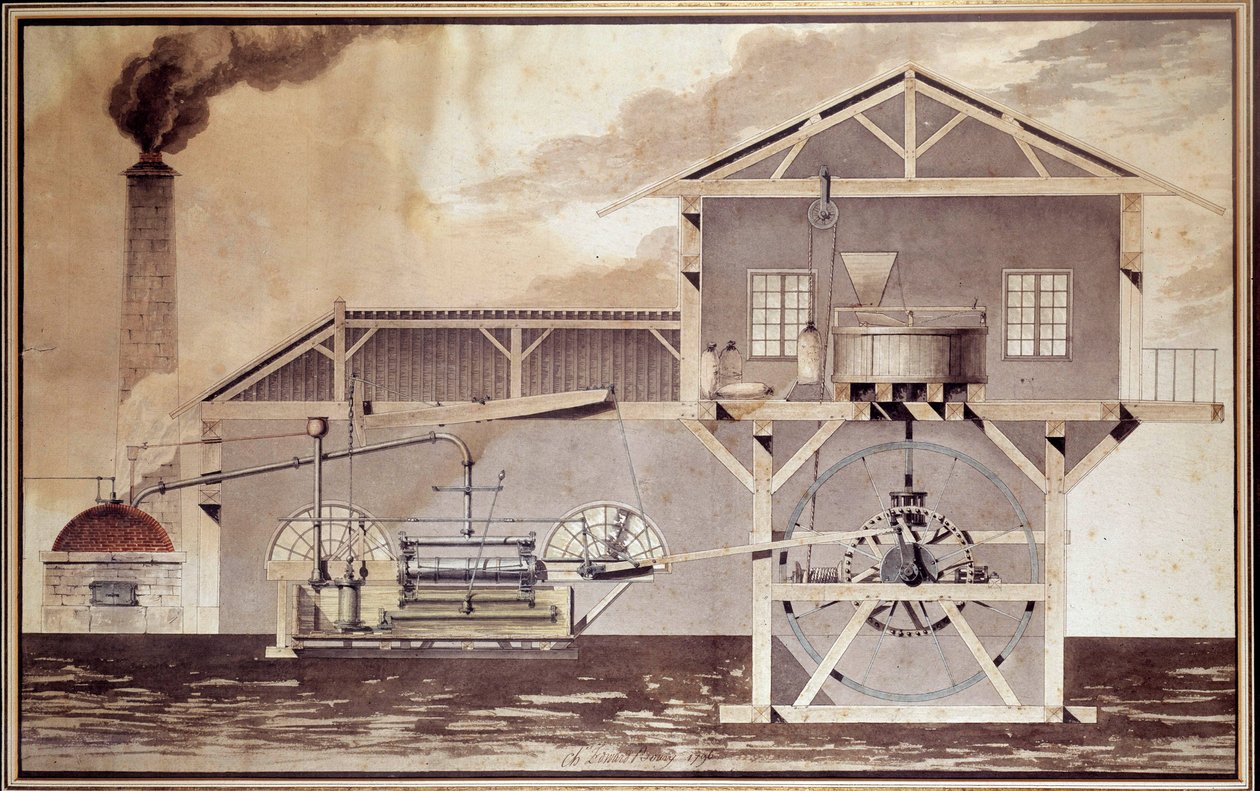 Vitenskap og teknologi: "" En dampmaskin, skjærer en melmølle"" Tegning av Edouard Bury. 1796. Paris, Conservatoire National des Arts et Metiers av Unknown artist