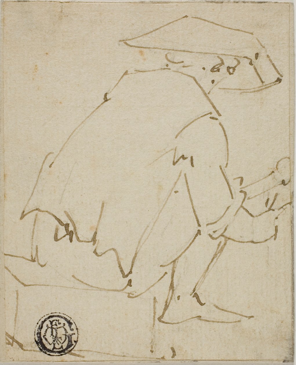 Sittende mann sett fra baksiden av Unknown artist