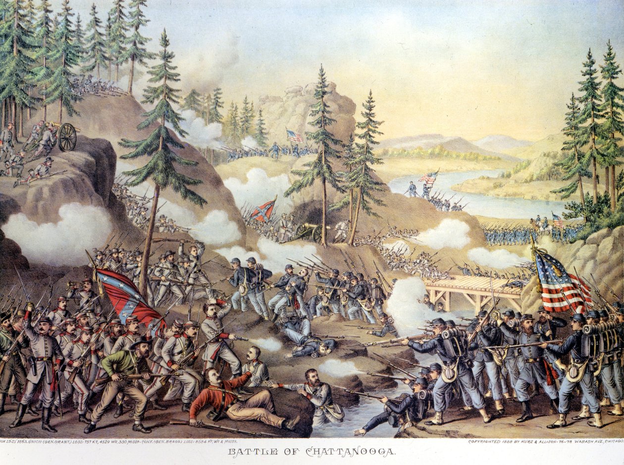 Sesession War (1861 - 1865) eller American Civil Giuerre: 24-25/11/1863: etter to dager med kamp ved Chattanooga, Tennessee, seier til den nordlige hæren kommandert av general Rosecrans. Gravering. av Unknown artist