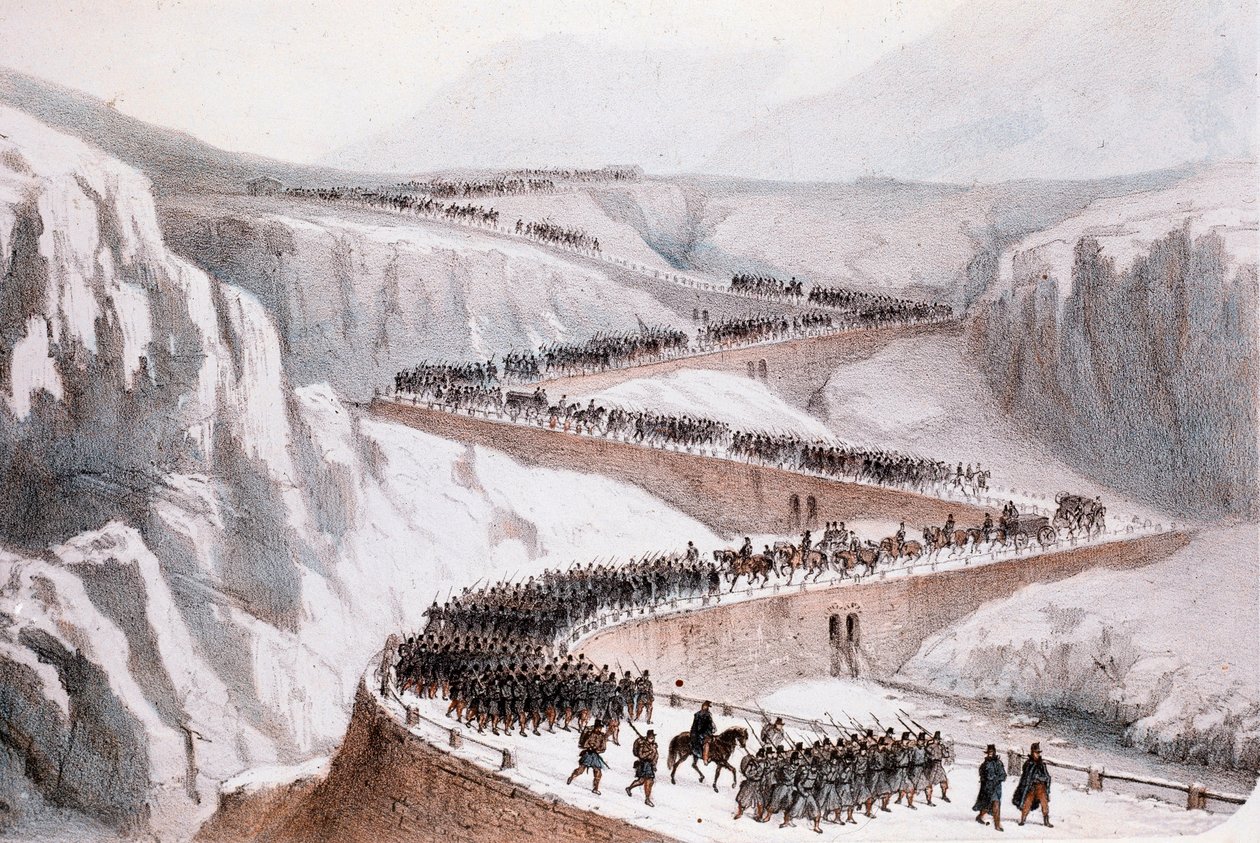 Andre italienske uavhengighetskrig: passeringen av Moncenisio av den franske hæren 29. april 1859 (Trykk) av Unknown artist