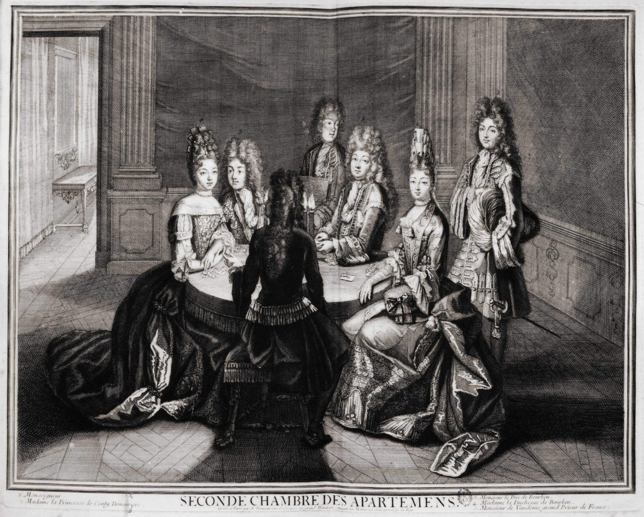 Andre rom i leilighetene (Versailles): 1. Monsignor, 2. Madame Princess of Conty Dowager, 3. Monsieur le Duke de Bourbon, 4. Madame hertuginnen av Bourbon, 5. Monsieur de Vandôme, Frankrikes storprior. Gravering av Trouvain, tidlig på 1700-tallet av Unknown artist
