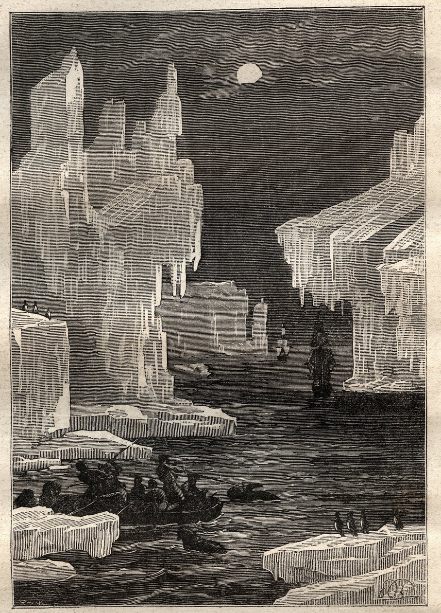 Andre reise (1772-1775) til kaptein James Cook (1728-1779): isøyene (isfjell), kryssinger på banen til omskjæringskappen (Bouvet Island, Antarktis) - illustrasjon hentet fra "The Great Mariners of the 18. århundre"" av Unknown artist