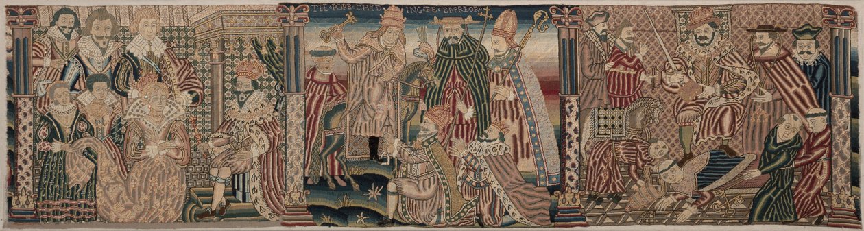 Del av en brodert frise: Ahasverus og Esther, Paven Chiding the Emperor, Henry VIII tråkker på pavens nakke av Unknown artist