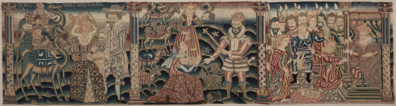 Del av en brodert frise: Rebecca møter Isak, Abigail møter David med en gave, Salomos dom av Unknown artist