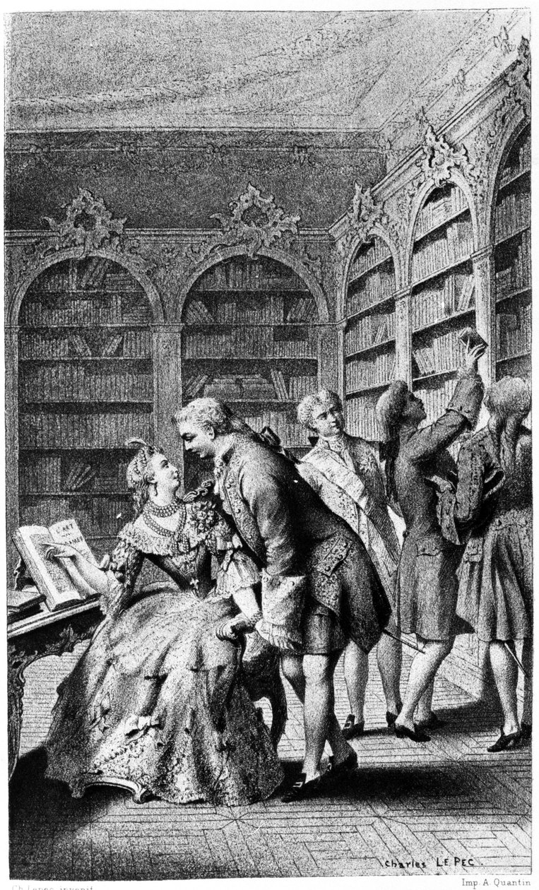 Forførelsesscene i et bibliotek på 1700-tallet. av Unknown artist