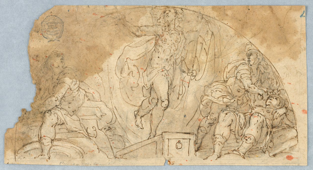 Halvsirkulær figurscene med sentral figur muligens stigende av Unknown artist