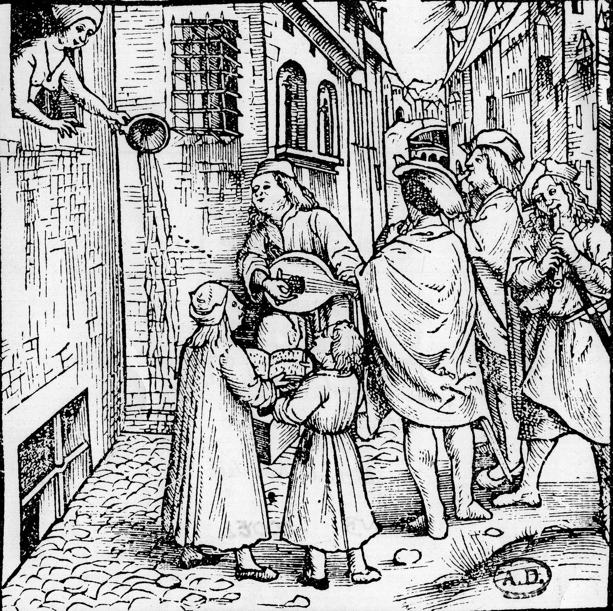 Studentserenade (musikere), Basel, ca 1500 - gravering, Bibl. av Unknown artist
