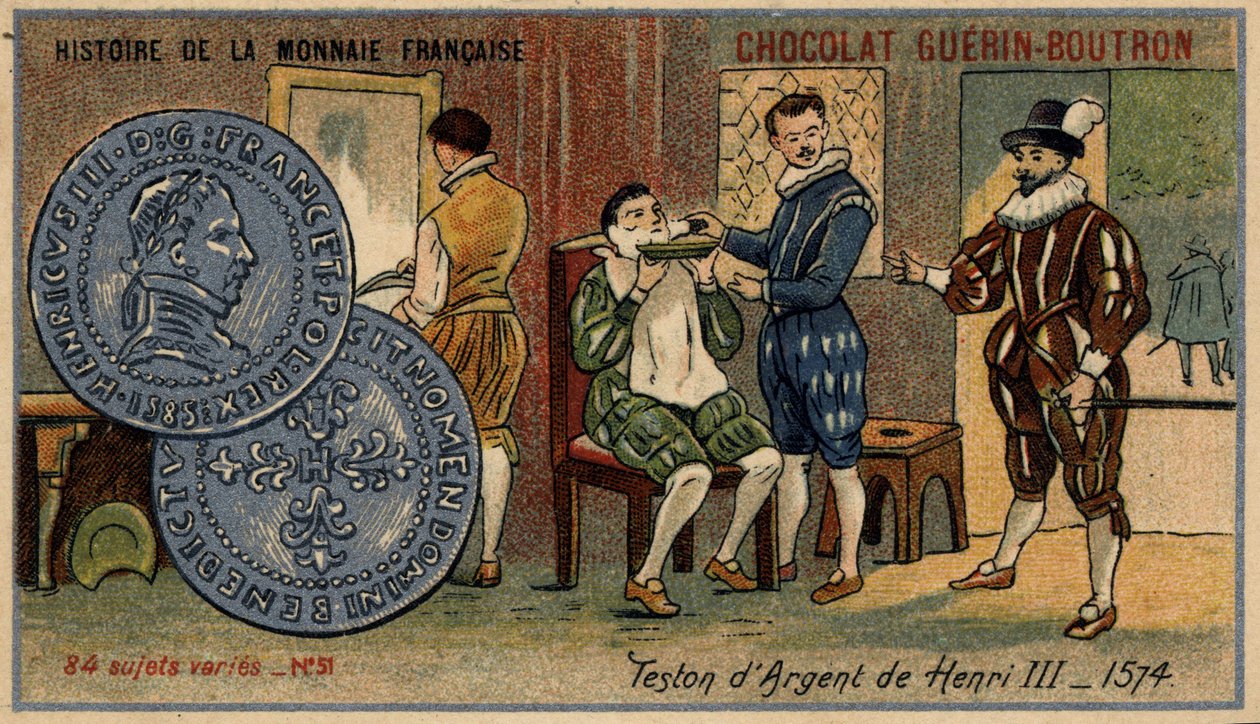 Serien History of the French Currency utgitt av Chocolat Guérin Boutron. 1800-talls kromolitografi. Sølvteston av Henry III. 1574 av Unknown artist