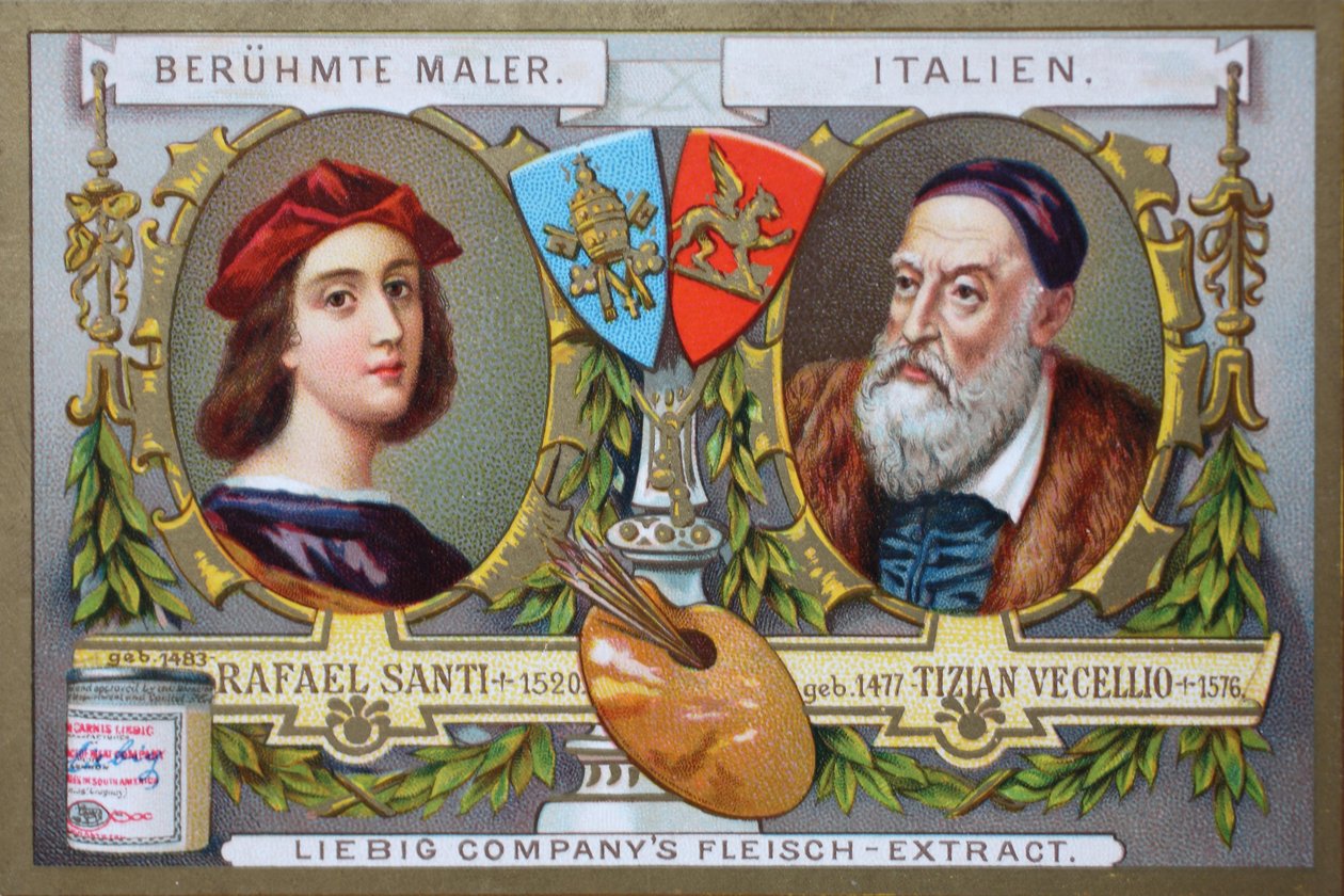 Serie med malerier av kjente malere, Rafael Santi og Tiziano Vecellio, Italia av Unknown artist