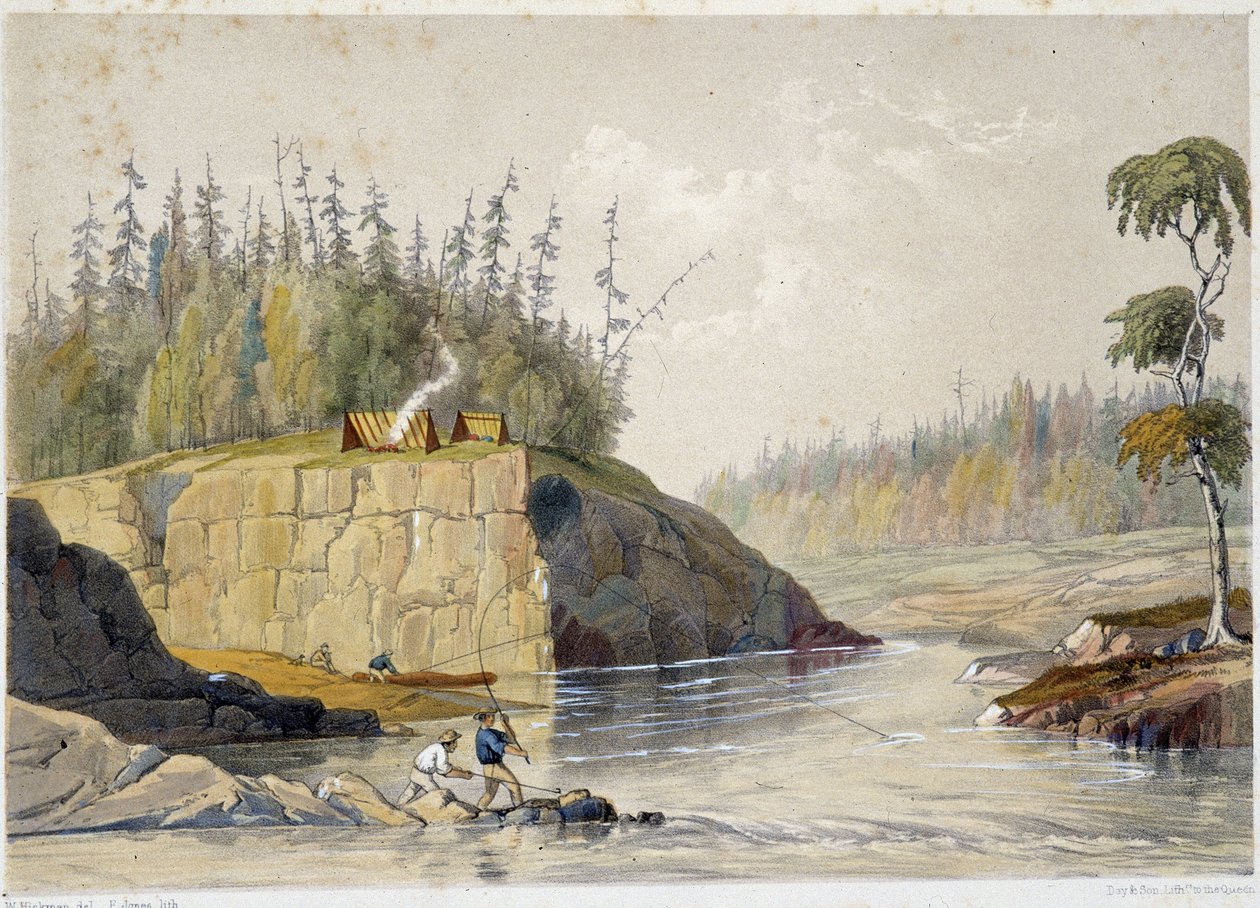 Nybyggere i Canada som fisker i en elv - i "" Skisser på nipisaguit en elv i New Brunswick i Amerika"" av William Hickman, red. Halifax av Unknown artist