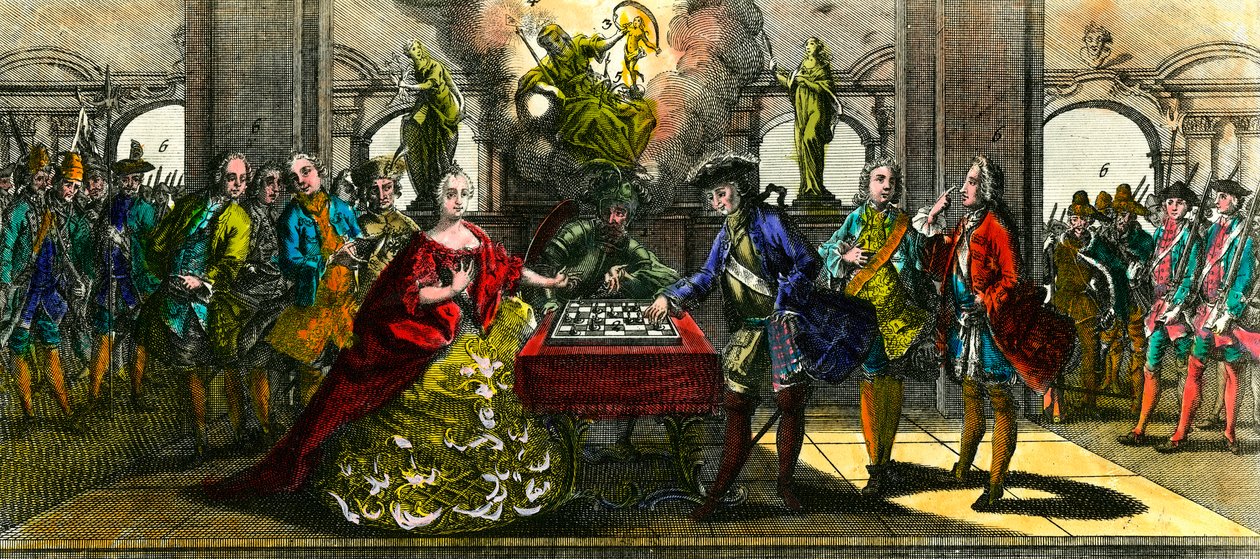 Syvårskrig: allegori som representerer Marie Therese fra Østerrike (1717-1780) og Frederic av Preussen (1712-1786) som spiller sjakk. Gravering av privatsamlingen fra 1700-tallet av Unknown artist