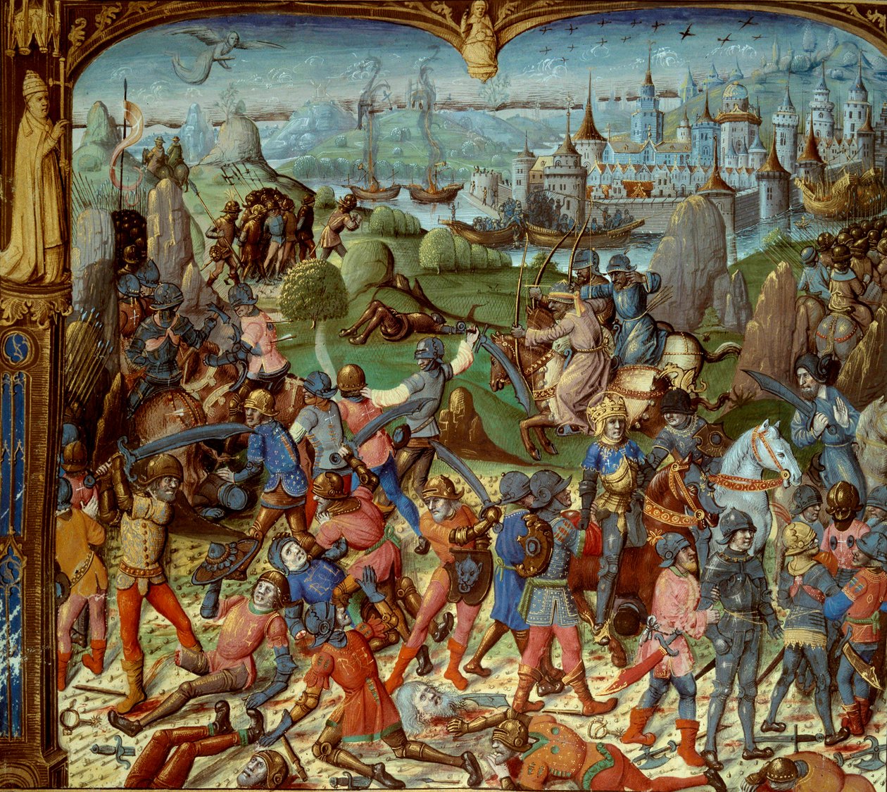 Syvende korstog (1248-1254). Ludvig IX (Saint Louis) (1215-1270), konge av Frankrike, med kryssene etter å ha blitt beseiret av saracenerne ved Mansourah i 1250. De trakk seg tilbake bak tårnene i Damaskus. Louis IX og hans to brødre blir tatt til fange av av Unknown artist