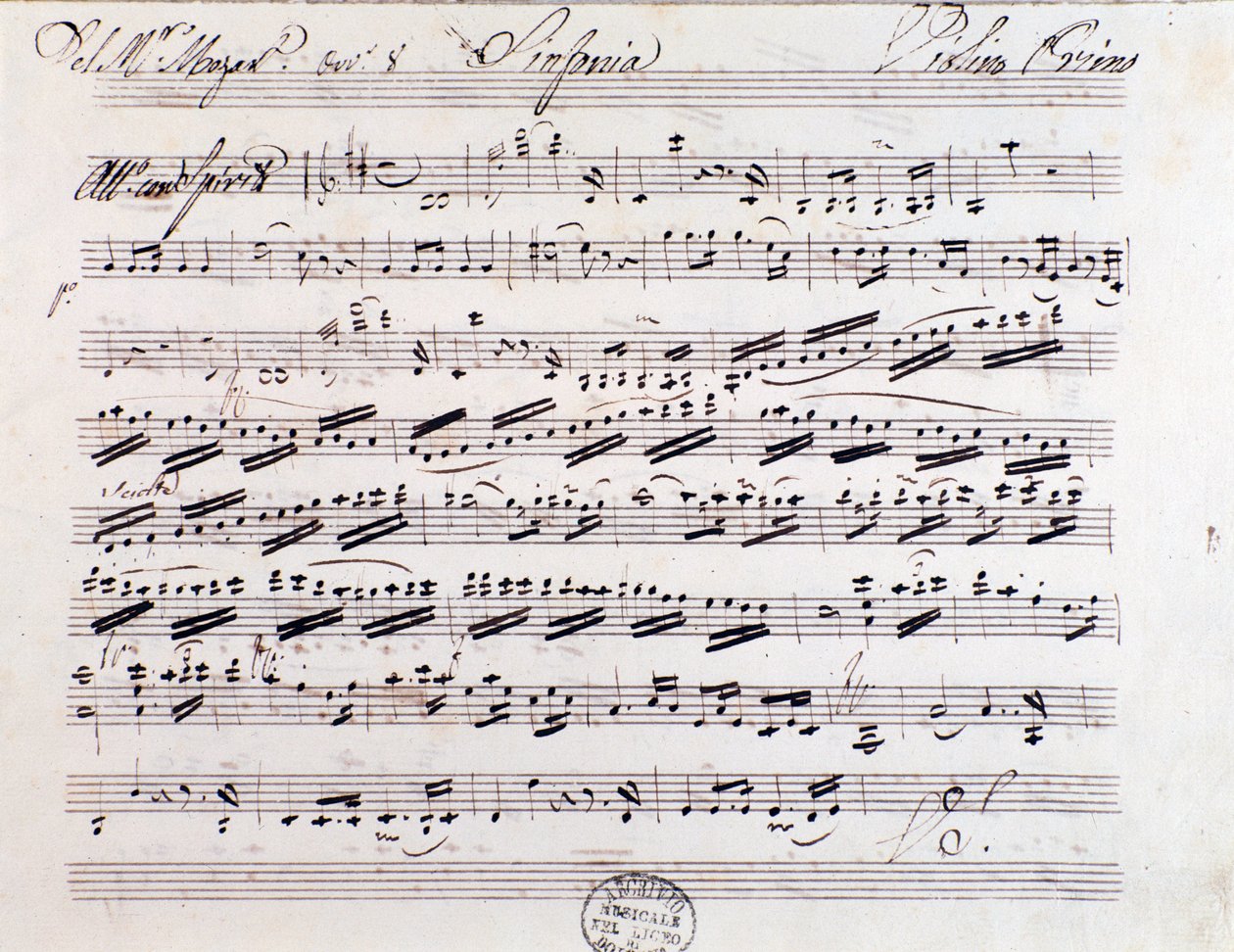 Noterside for førstefiolinen i symfoni nr. 7, av Mozart av Unknown artist