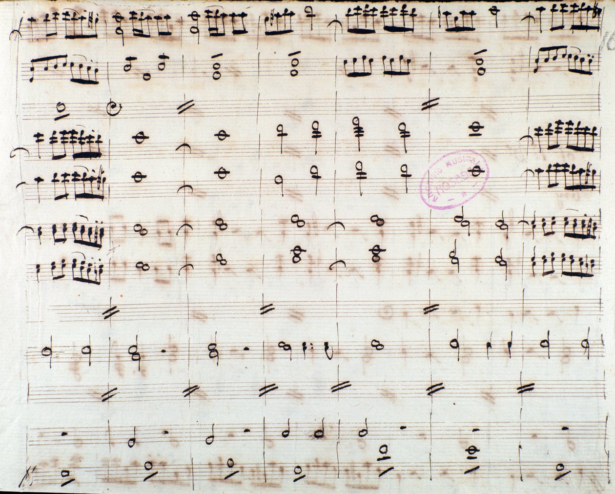 Noterside for den første fiolinen i åpningen av Mithridate, King of the Pont, opera av Mozart (1770) av Unknown artist