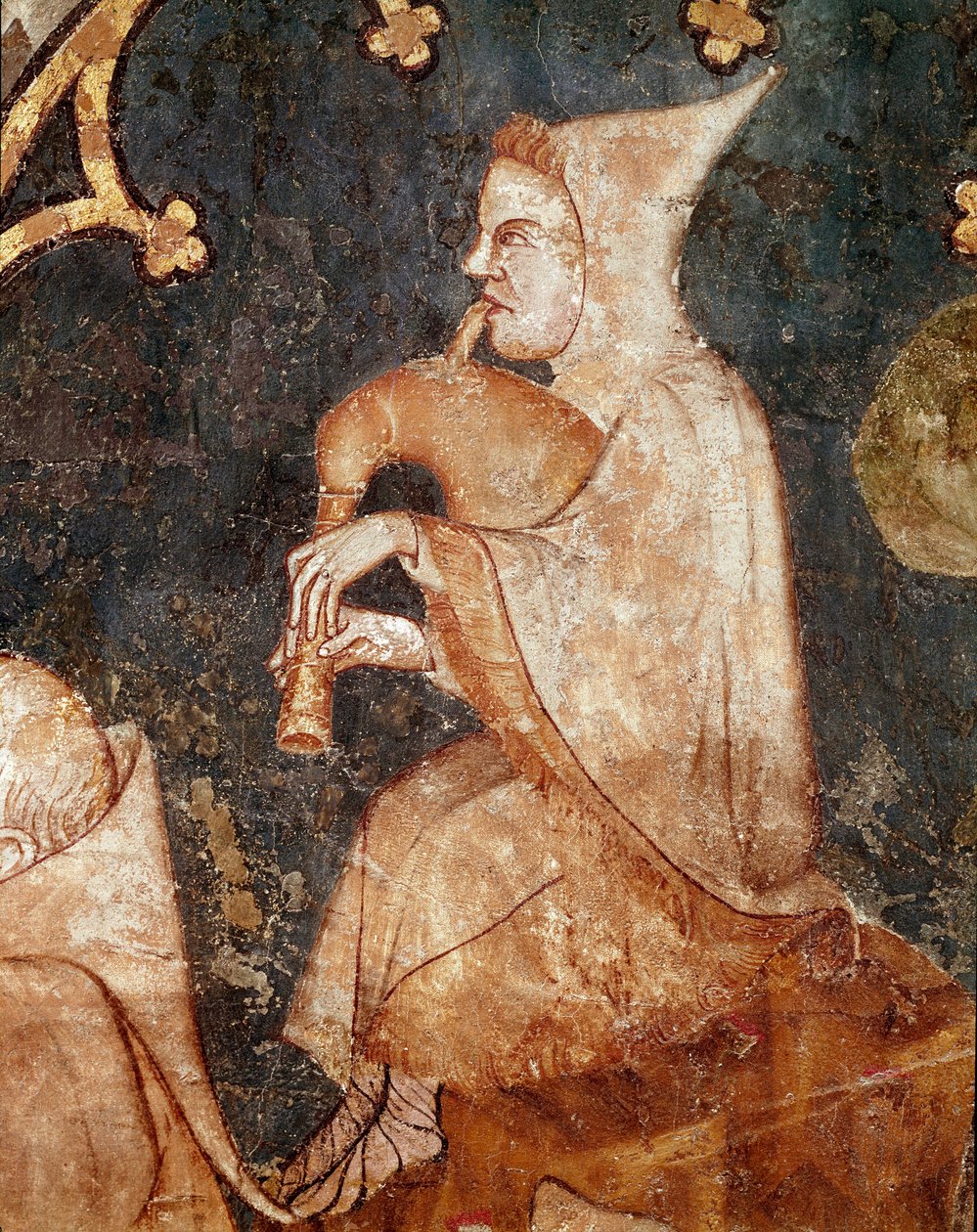 Shepherd blåser i en sekkepipe Detalj. freskomaleri fra 1300-tallet. Fra Olite (Navarre) Museum of Navarre, Pamplona av Unknown artist