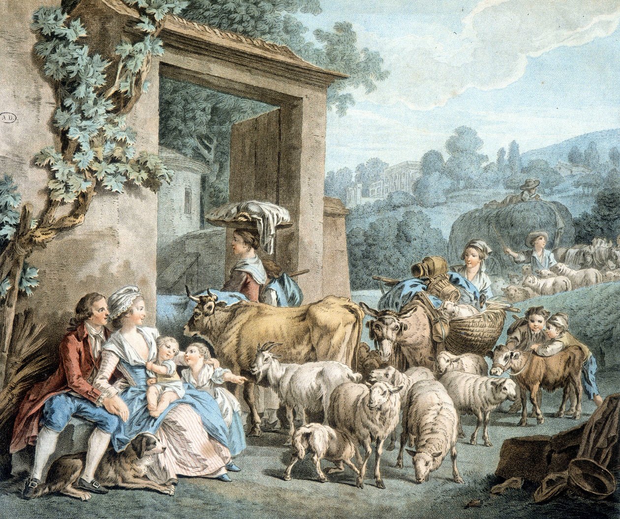 Gjetere og sauer flokker seg foran en gård. av Unknown artist