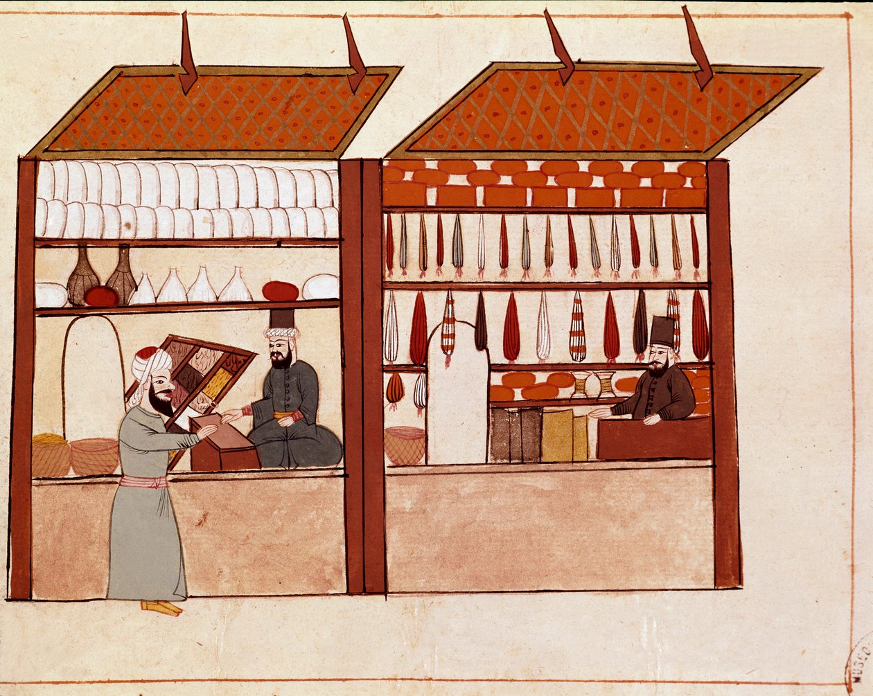 Butikker i gatene i Konstantinopel. Miniatyr hentet fra et Cicogna-manuskript fra 1800-tallet (1828) etter en original fra 1600-tallet (1671). Venezia, Biblioteca Marciana av Unknown artist