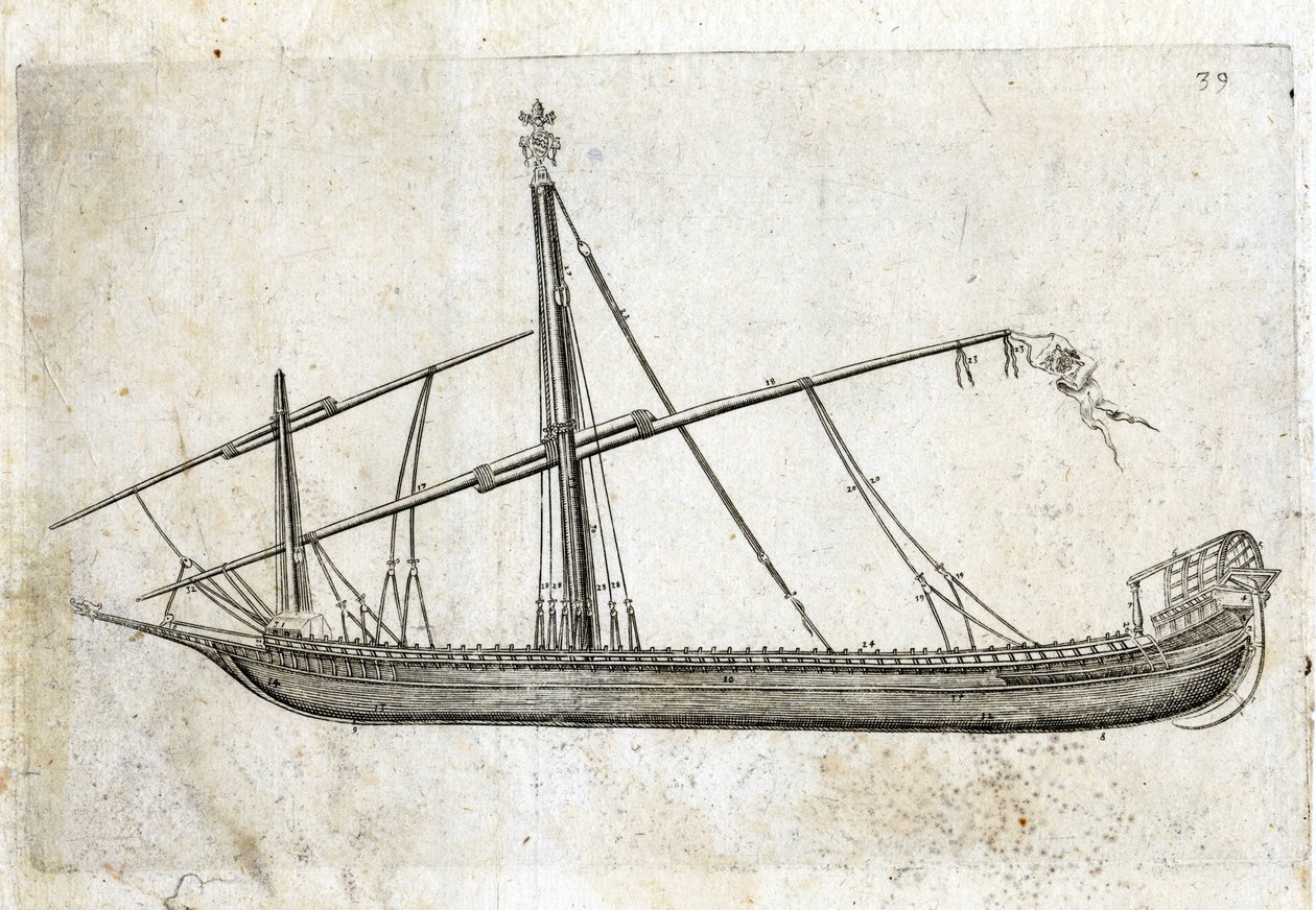 Sett fra siden av en bysse. 1700-talls gravering. av Unknown artist