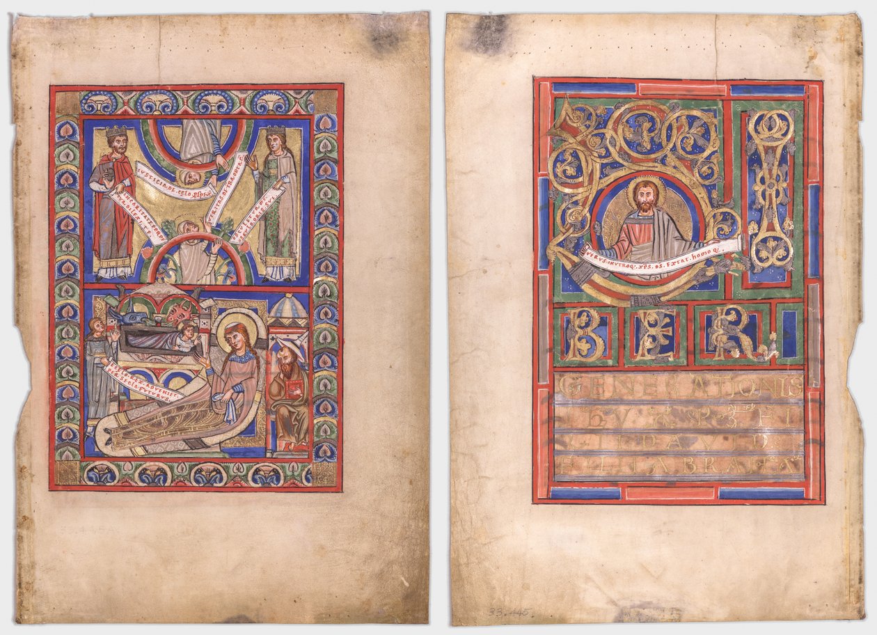 Enkeltblad utskåret fra en evangeliebok: Fødselen (recto) og St. Matteus (verso) av Unknown artist