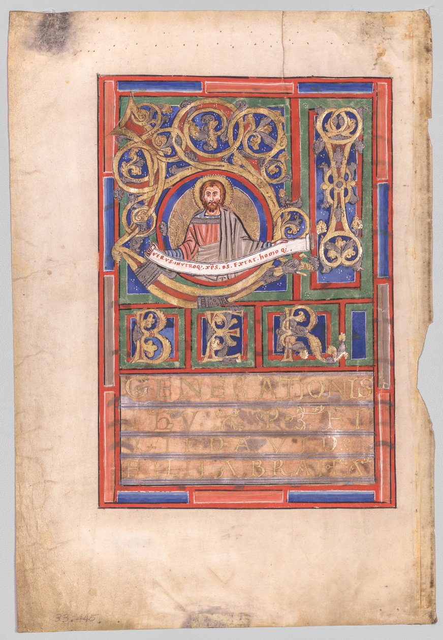 Enkeltblad utskåret fra en evangeliebok med innledende L[iber generationis]: St. Matteus (verso) av Unknown artist