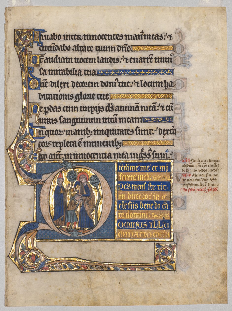 Enkelt blad utskåret fra en psalter: Initial D[ominus illuminatio mea] med Samuel som salver David av Unknown artist