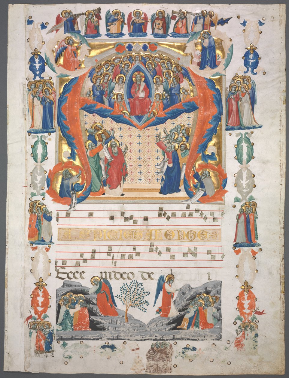 Enkeltblad utskåret fra et antifonarium: Inital A[spiciens a longe] med Kristus i Majestet av Unknown artist