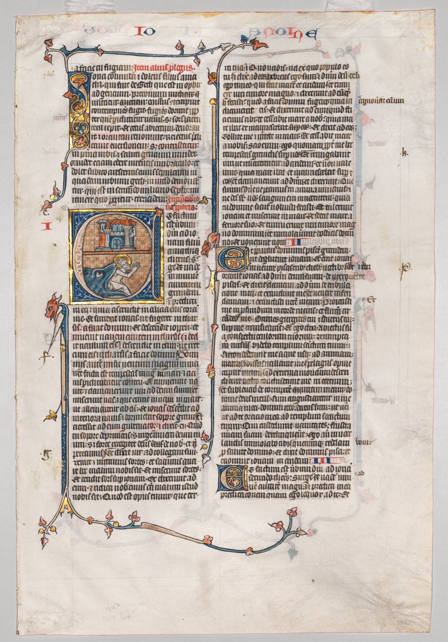 Single Leaf from a Bible: Initial E[t factum est] med Jonah Swallowed by the Whale av Unknown artist