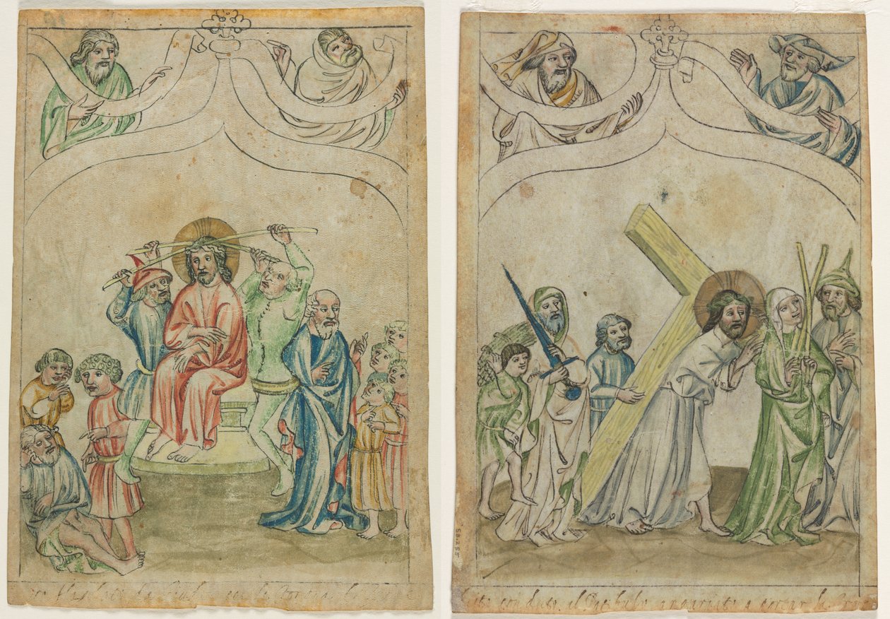 Enkelt blad fra en "Biblia Pauperum": Kristus kronet med torner (recto) Kristus bærer korset (verso) av Unknown artist