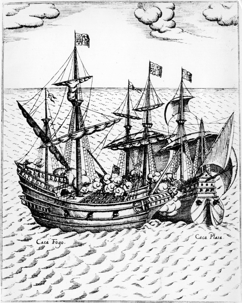 Sir Francis Drakes "Golden Hind" (1540-1596) som fanget det spanske skipet "Nuestra Senora de Conception", kjent som "Cacafuego" i 1579, utenfor Ecuador. Gravering 1500-tallet. av Unknown artist