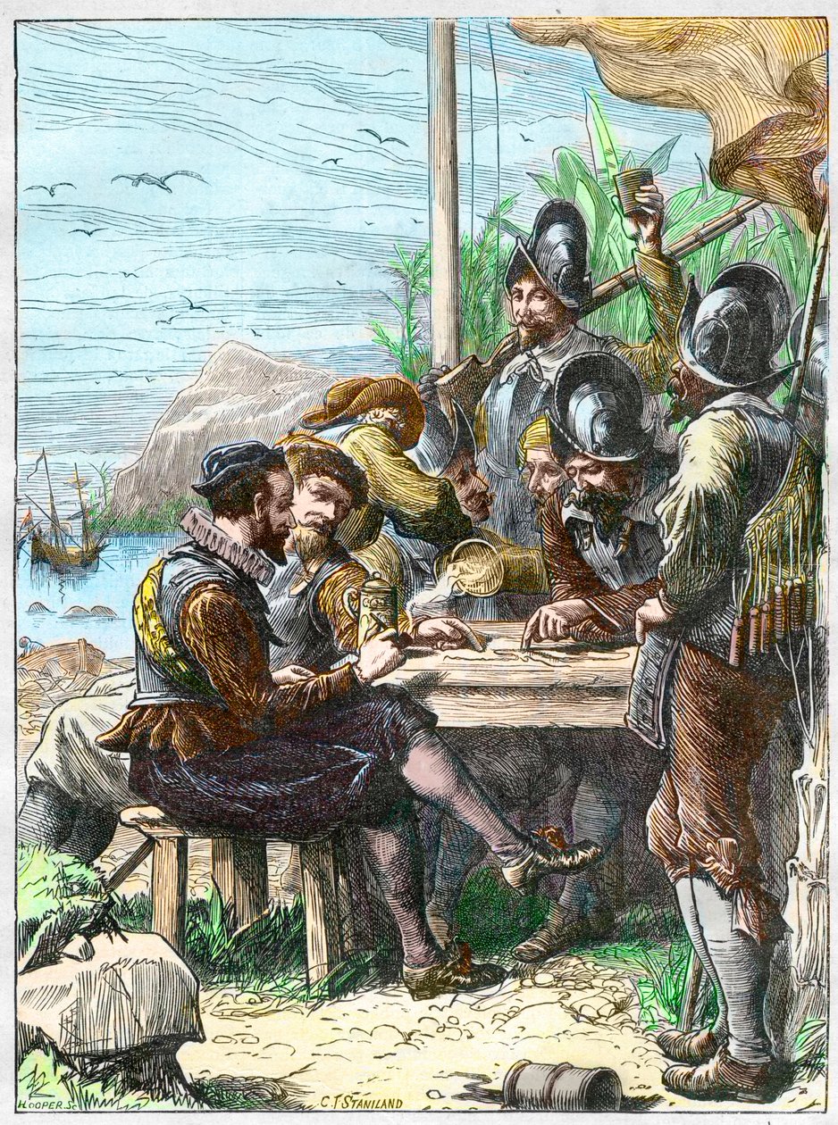 Sir Walter Raleigh på Trinidad, får informasjon fra de spanske soldatene angående Guyana, 1595. - Ekspedisjon av Walter Raleigh av Unknown artist