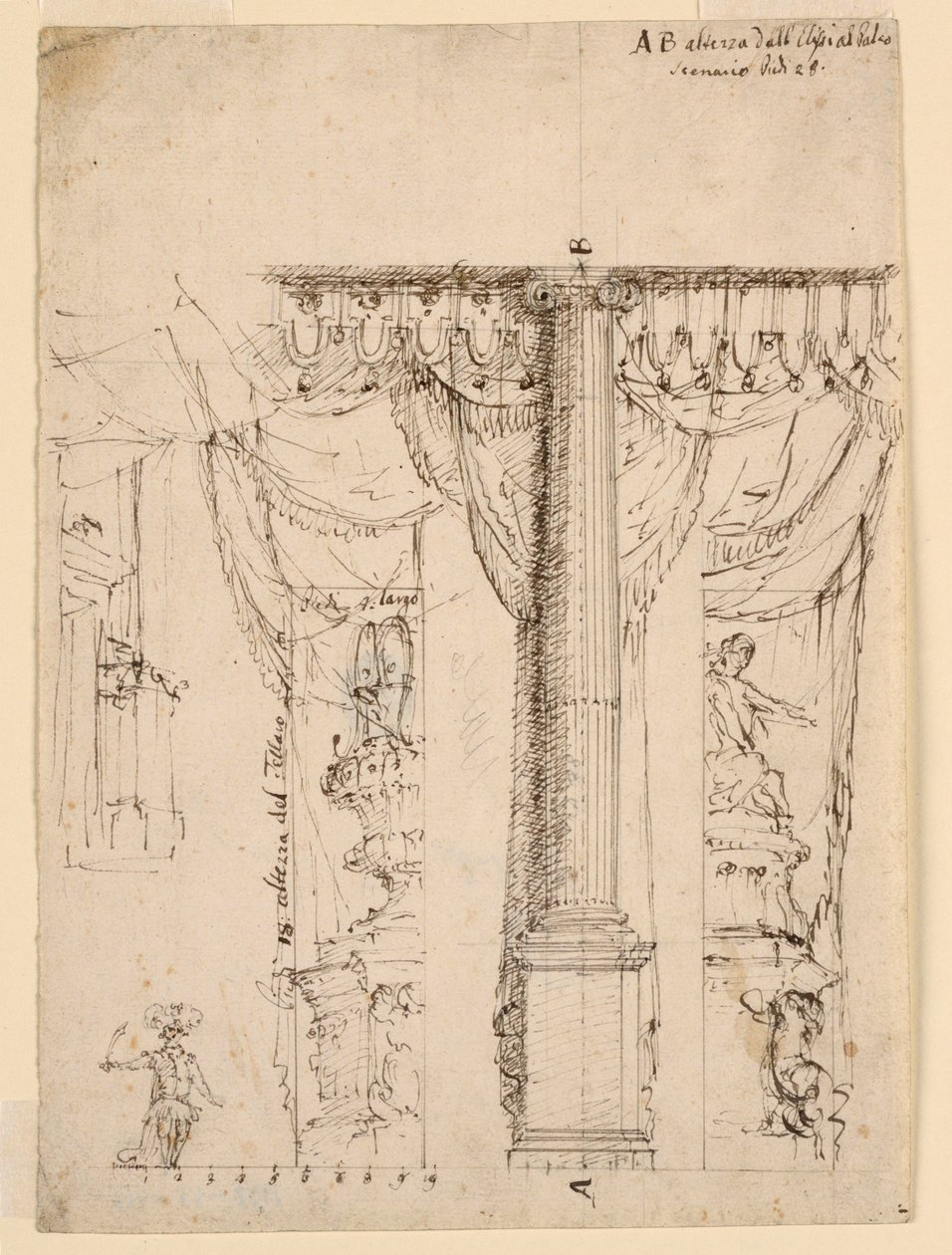 Skisse for tre sidevinger med del av Proscenium-ramme av Unknown artist