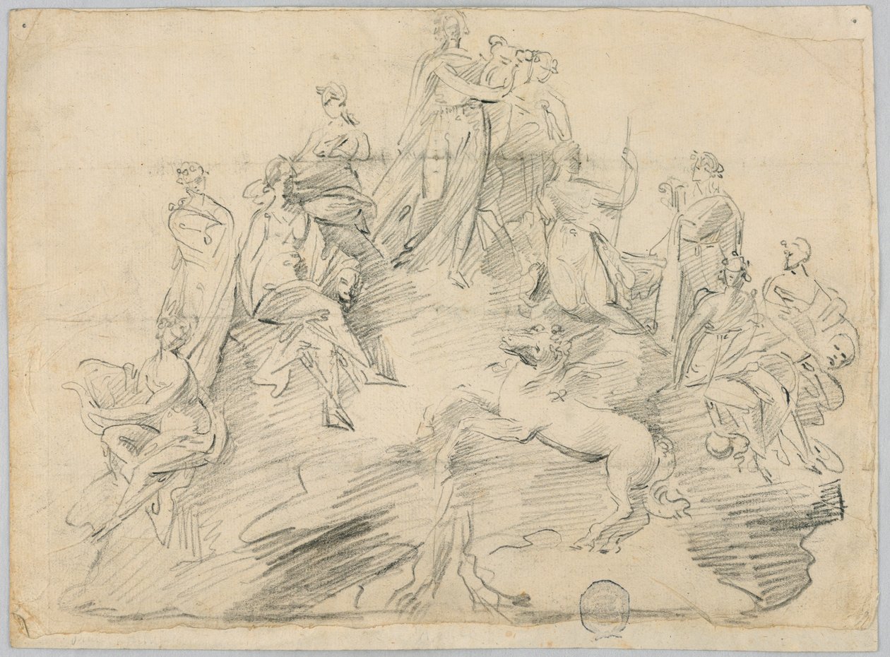 Skisse av Apollo, de ni musene og Pegasus på toppen av Helicon av Unknown artist