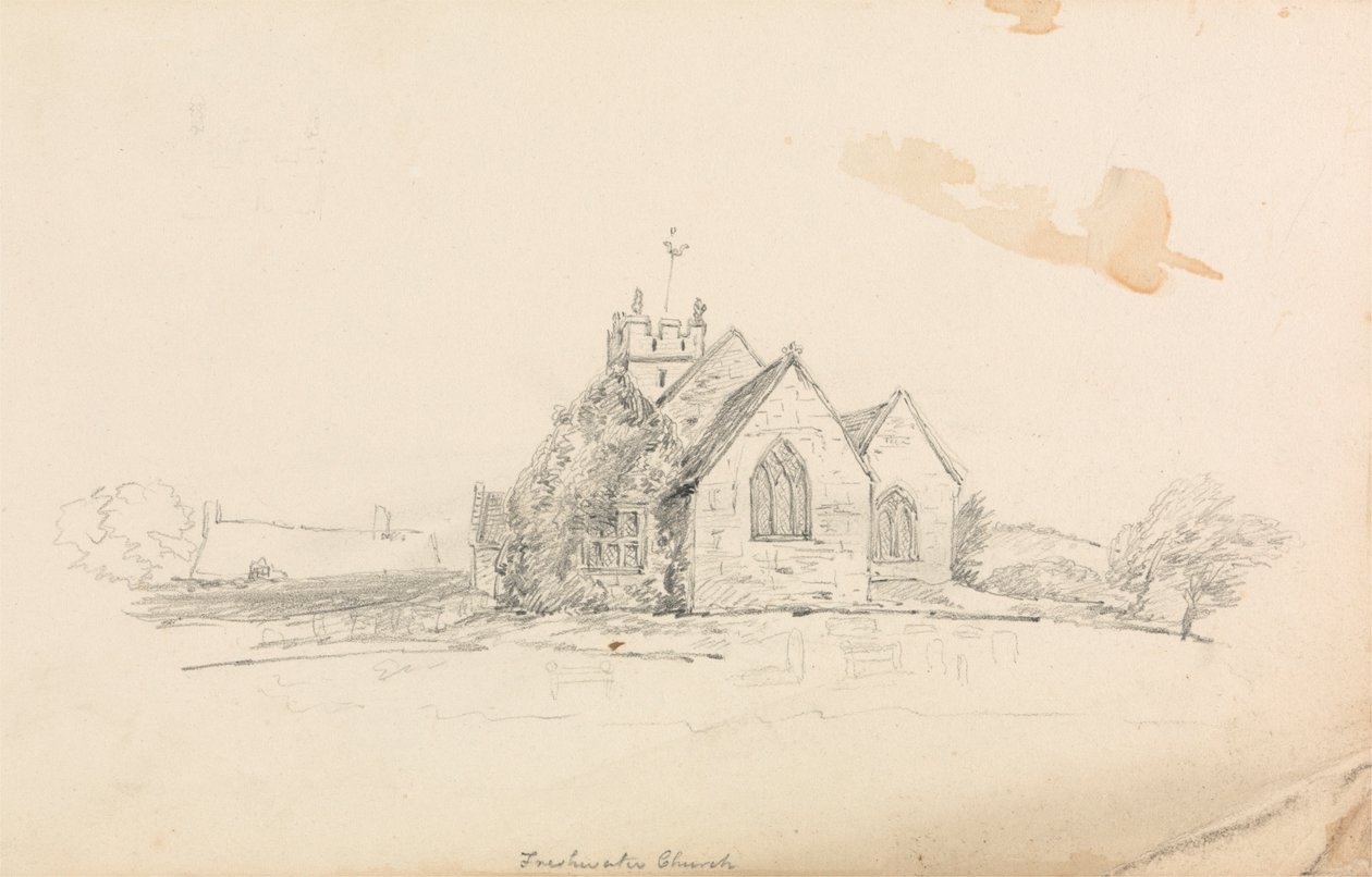 Skisse av en liten landlig kirke; skisse av et skip av Unknown artist