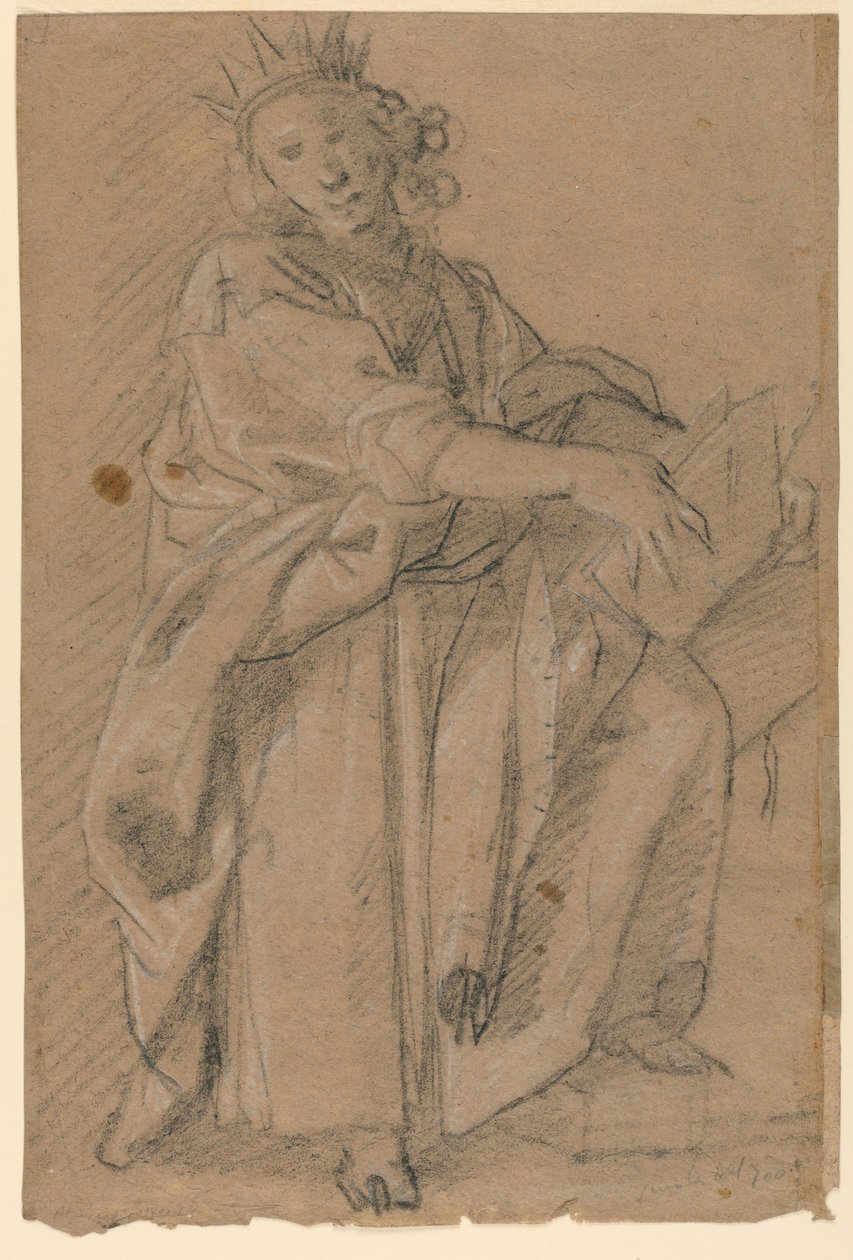 Skisse av en stående kronet figur med en bok av Unknown artist
