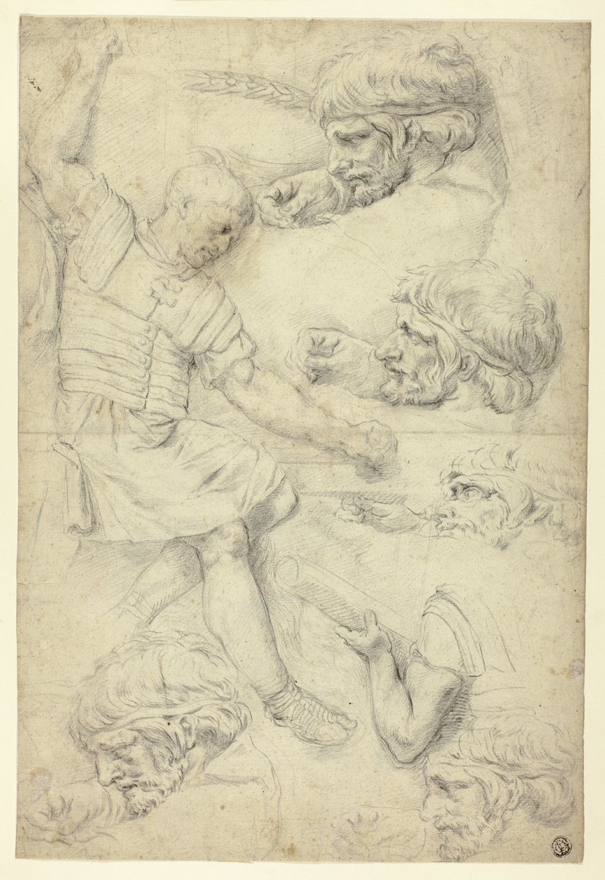 Skisser av soldat, hoder, fra romersk relieff (recto); Skisser av mannlige nakenbilder, fra romersk relieff (verso) av Unknown artist